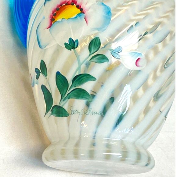 Fenton 90th Spiral French Opal Pitcher Blue Handle Ruffle Rim Poppy Art Glass - Picture 9 of 10